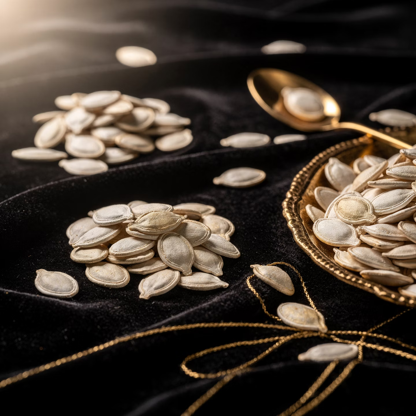 Pumpkin seeds on dark fabric