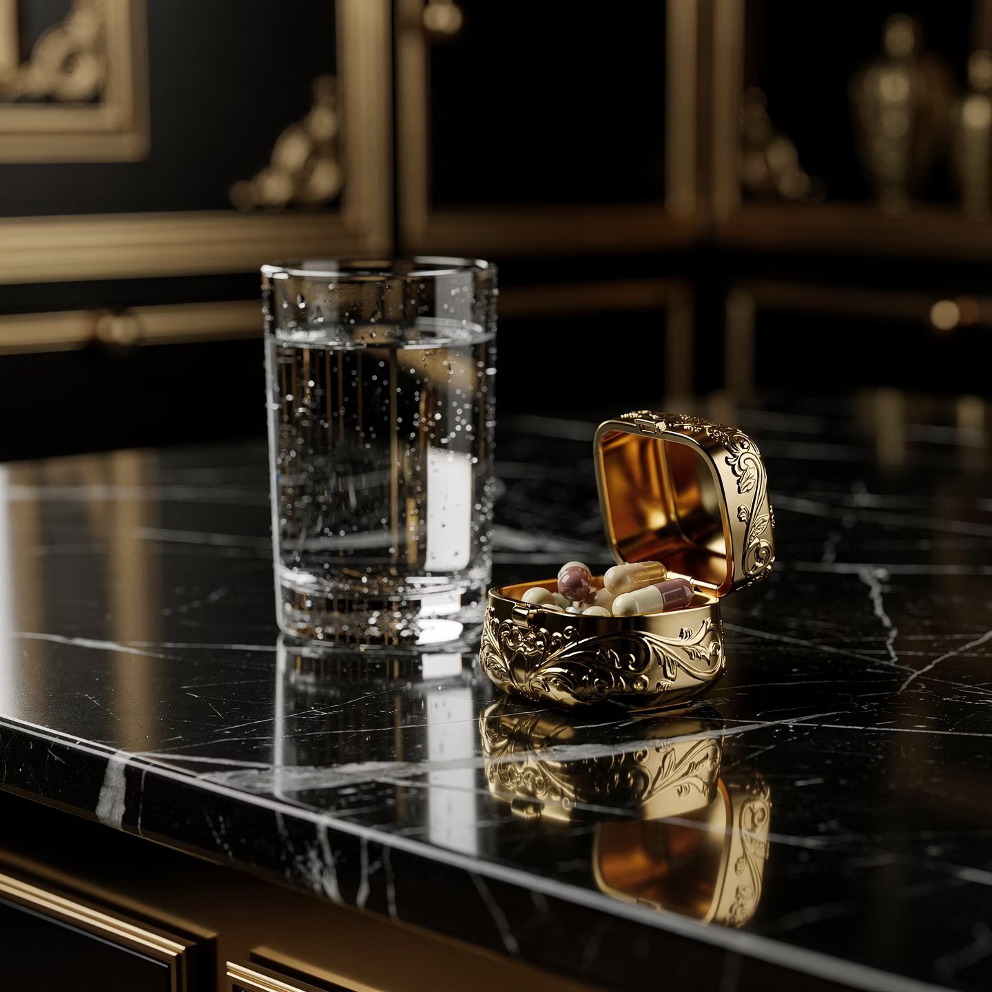 Glass of water and capsules on a marble table