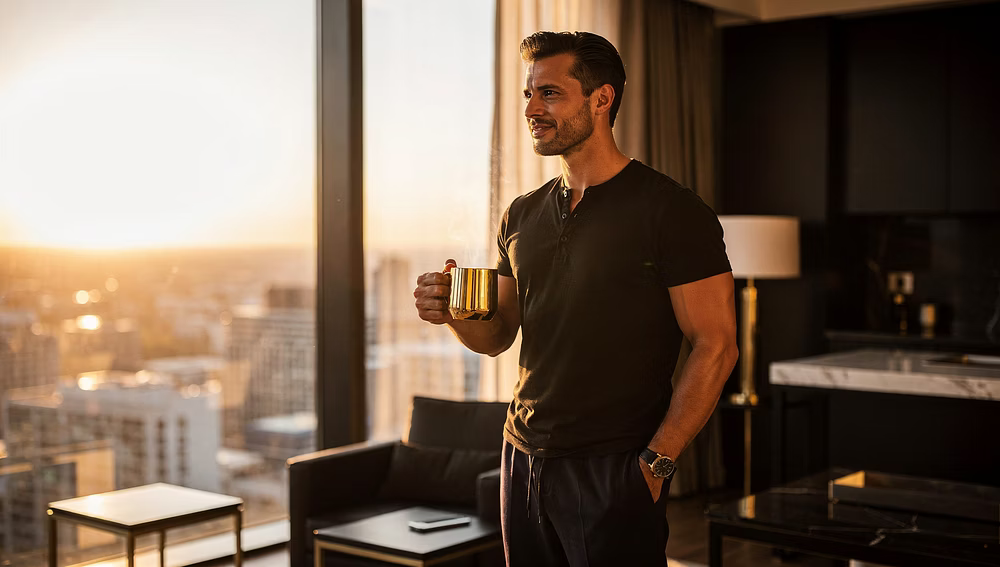 Man enjoying morning light with coffee